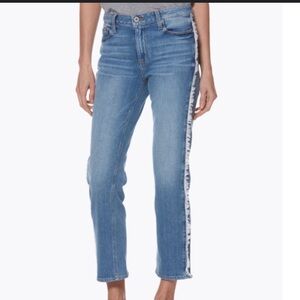 PAIGE Noella Women's Straight Leg Blue Jeans with fringe detail